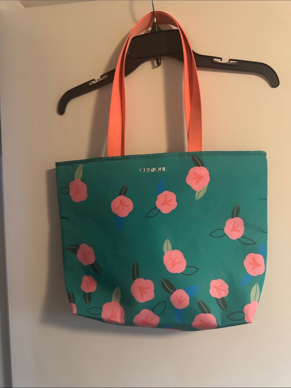 Clinique Teal Floral Tote with Coral Handles